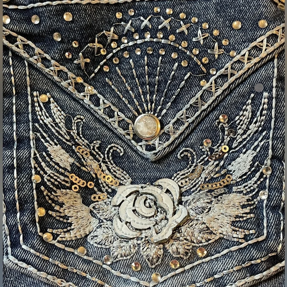 Angel Y2K Boho Chic Retro Flare Rhinestone Sequin Embellished Jeans, Sz 5 (2/4) - Picture 7 of 12